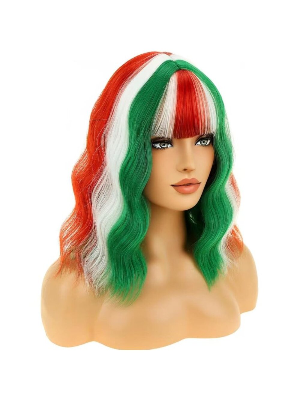 Women's Red White Green Wavy Bangs Short Heat Resistant Cosplay Synthetic Wig